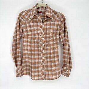 Vintage Miller Western Wear Plaid Snap Shirt 10/32 Womens Brown Tan Pearl Snap